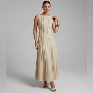 Split Pleated Waist A-Line Dress Beige